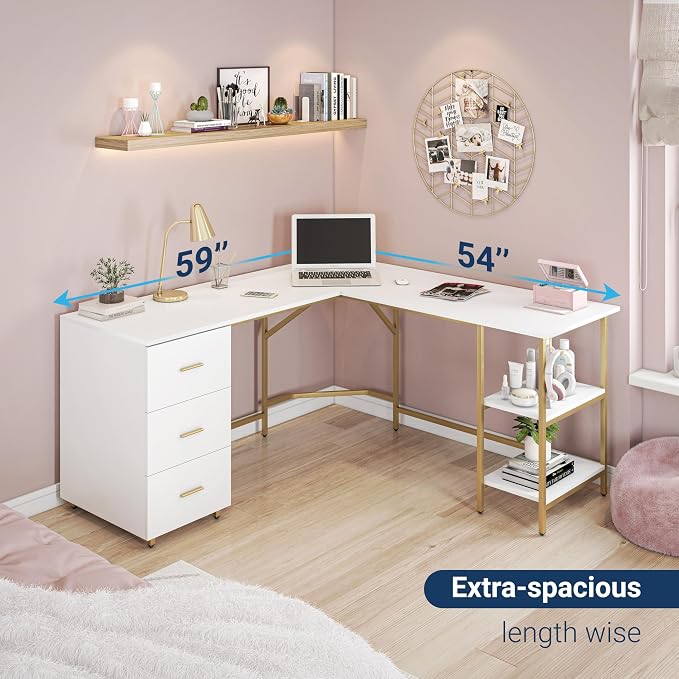 Techni Mobili 59" Two-Tone L‑Shaped Office Desk with Storage Shelves, Gold | 59" two‑tone L‑shaped desk with storage shelves, durable frame, modern corner workstation, spacious home office writing space - Image 6