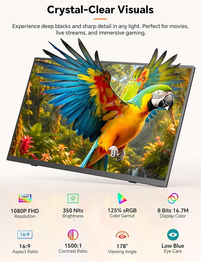 HotYeah Travel Portable Monitor with Stand, w/Magnetic Stand & Speaker | 15.6" 1080P 125% sRGB USB-C HDMI HDR External Display, 2nd Screen for Laptop MacBook Computer Phone Tablet Switch PS5 Xbox - Image 2