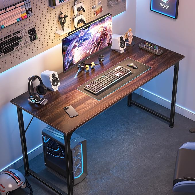 Huuger Computer Desk, 48 Inch Office Desk, Gaming Desk with Storage, Writing Desk Work Desk for Home Office, Study, Modern Simple Desk, Large Legroom, Metal Frame, Walnut - Image 4