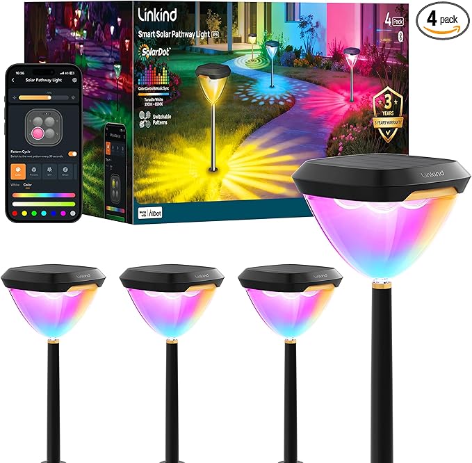 Linkind Smart Solar Pathway Lights SP6, App/Voice Control Solar Lights Outdoor Waterproof, 43+ Preset Scenes, Cool/Warm White/Color-Changing Outdoor Garden Lights for Yard, Patio, 4 Pack by Linkind