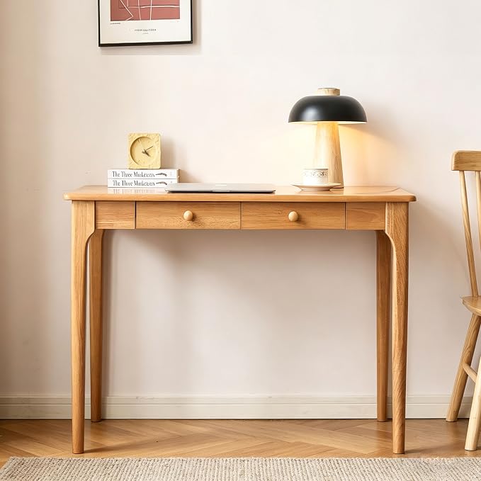 47" Solid Wood Desk with Drawers,Mid Century Modern Natural Real Wood Writing Desk,Home Bedroom Computer Office Workstation Desks,Small Spaces,Wood Color - Image 3