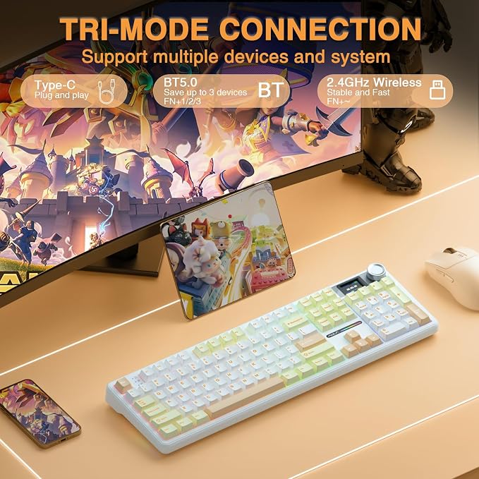 AULA F108 PRO - Wireless Mechanical Keyboard with Screen&Knob,Hot Swappable Gaming Keyboard with 8000mAh Battery,Pre-lubed Switches,RGB Backlit,PBT Keycaps Creamy Sounding Computer Keyboards,104 Keys - Image 4