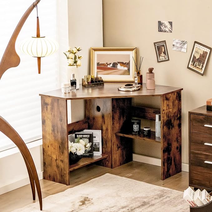 Tangkula Corner Desk, 90 Degrees Triangle Computer Desk for Small Space, Bedroom Makeup Vanity Desk with Storage Shelves & CPU Stand, Space Saving - Image 4