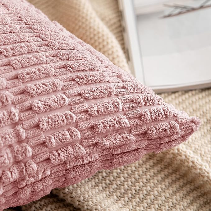 MIULEE Pack of 2 Corduroy Decorative Throw Pillow Covers 18x18 Inch Soft Boho Striped Pillow Covers Modern Farmhouse Home Decor for Sofa Living Room Couch Bed Blush Pink Spring Valentine Decor - Image 5