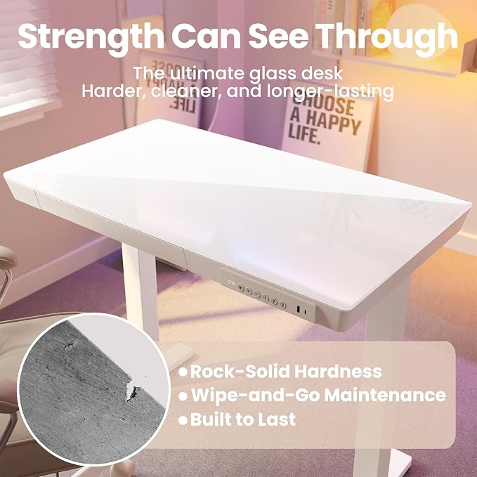 HUANUO Glass Standing Desk with Drawers, 48 X 24 Inch Electric Adjustable Height Desk, Quick Install One-Piece Tabletop with USB Charging Ports, White - Image 7