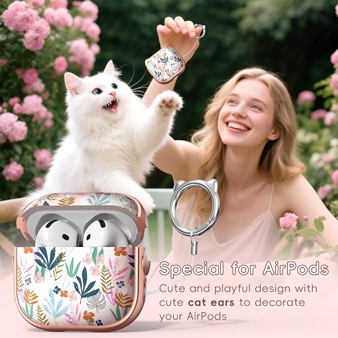 for AirPods 4 Case with Cleaning Kit, Cute Cat Ear Print Design & Cute Buckle, Inverted Phone Holder Design, Top Safe Lock Buckle Design, for Girls AirPods 4 case 2024, Rose Gold Leaves - Image 3