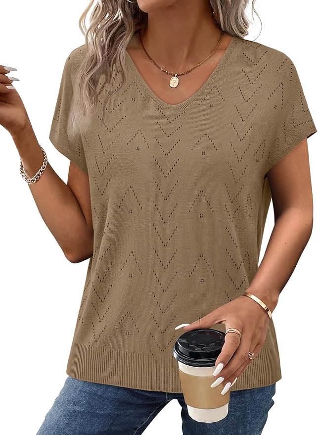 WIHOLL Short Sleeve Sweater for Women V Neck Trendy Cute Tops Business Casual Outfits Cap Sleeve - Image 4