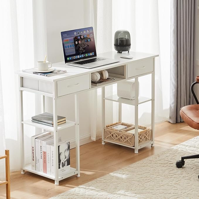 DUMOS 48-Inch Computer Desk with Drawers, Hook and Side Bag, White | Home Office Desk for Bedroom, Gaming Writing Study Desk with Adjustable Feet - Image 2