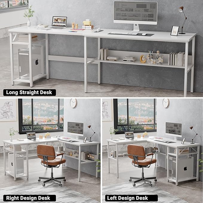 Unikito Reversible L Shaped Computer Desk with Magic Power Outlets and USB Charging Ports, Sturdy Corner Desk with Storage Shelves, Durable Work Desk for Home Office, Easy to Assemble, White - Image 6