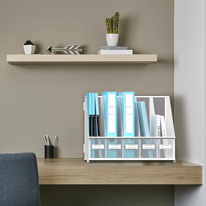 SUPEASY Desk Organizers Metal Desk Magazine File Holder with 5 Vertical Compartments Rack File Organizer for Office Desktop, Classroom, Home Workspace, White Plus - Image 2