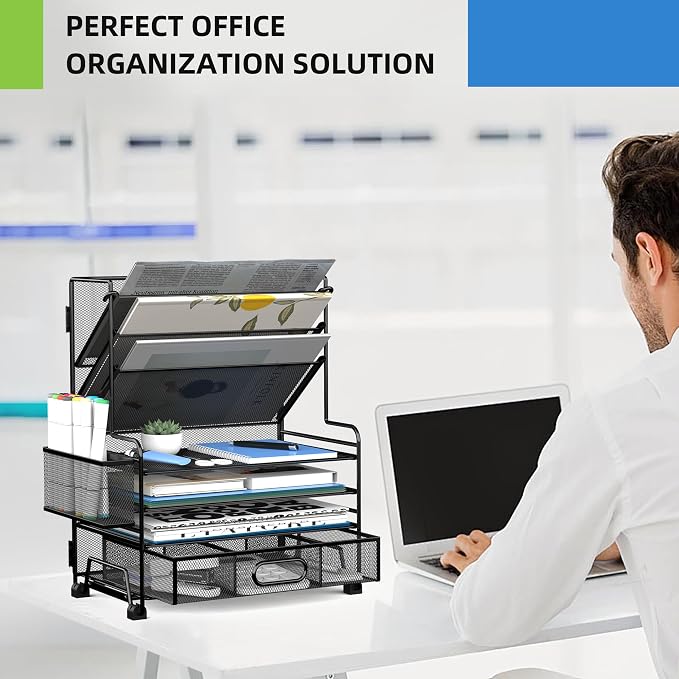 MINDEPOT 4-Tier Paper Organizer + 3-Pocket File Holder + Drawer + Pen Holders, Desktop File Organizers Paper Tray for Office Accessories School Classroom Organization (Black) - Image 5