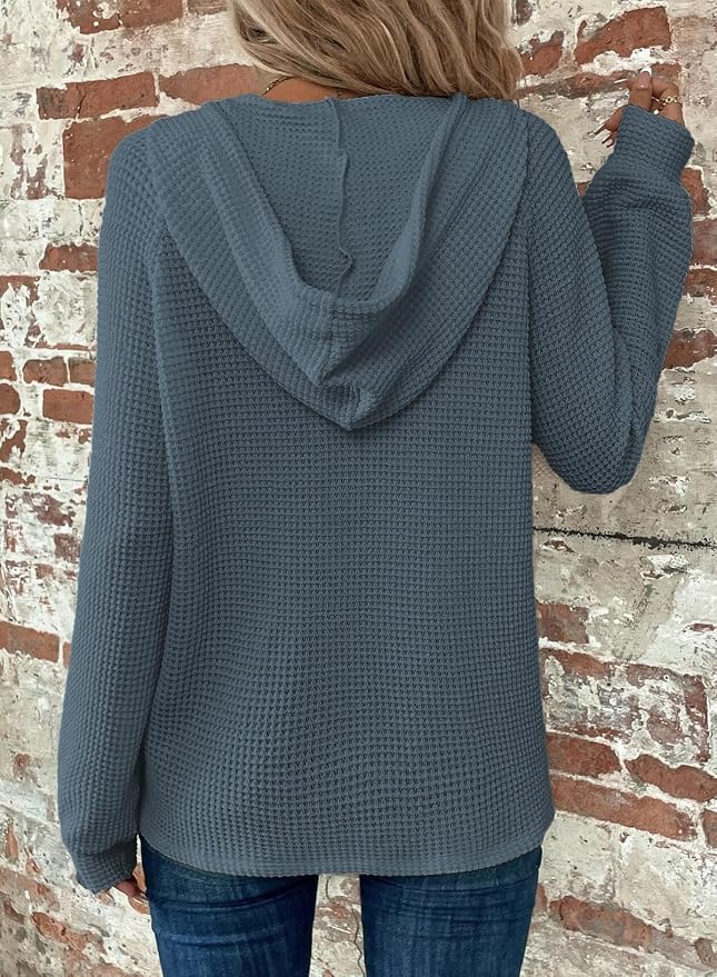 Dokotoo Hoodies for Women Waffle Knit Long Sleeve Drawstring Button V Neck Casual Sweatshirt Hooded Tops Fashion Clothing - Image 2