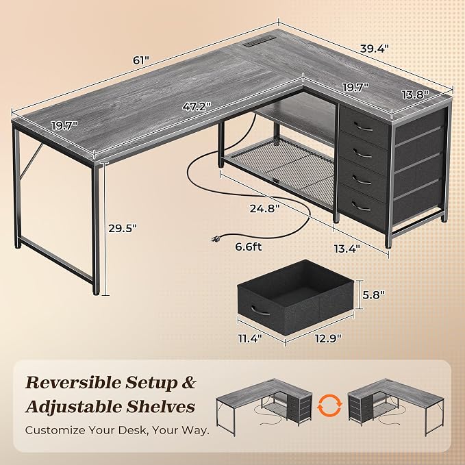 PRAISUN 53" L Shaped Desk with Power Outlets & USB-C Port, Reversible Computer Corner Office Desk with 4 Fabric Drawers and 2 Storage Shelves, Large Desk for Gaming Writing Work Study, Grey - Image 2