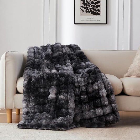 COOVA Faux Fur Throw Blanket for Couch, Cozy Soft and Fuzzy Plush Rabbit Fur Bubble Blanket for Sofa Bedroom Living Room, 50x60 Inches Tie Dye Black by COOVA