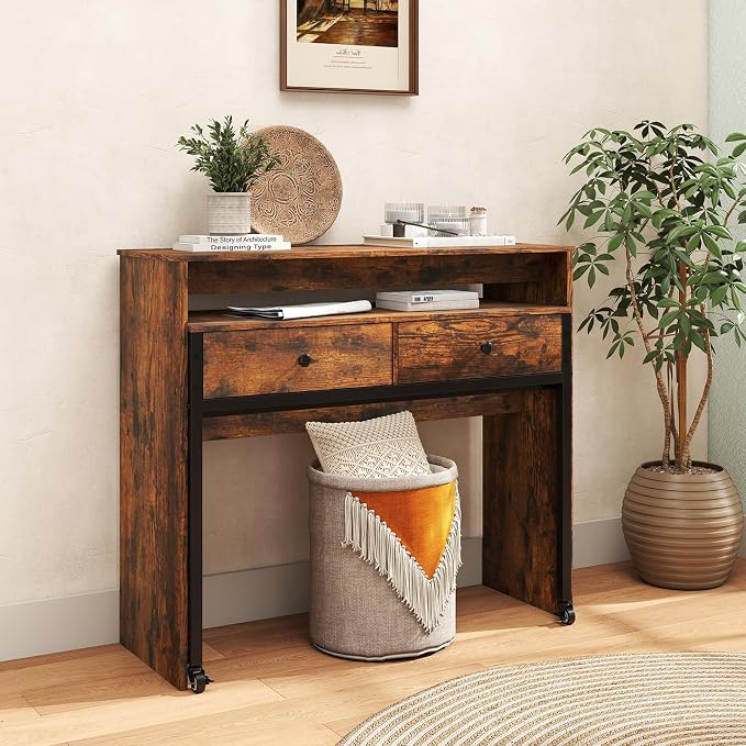 Giantex Small Computer Desk with Hutch & Drawers, Extendable Writing Desk w/Pull Out Secondary Table, Monitor Stand & Rolling Wheels, Console Table, Compact Desk for Small Spaces (Rustic Brown) - Image 2