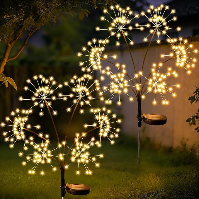 JJGoo 2 Pack Solar Garden Lights Outdoor Waterproof, New Upgraded 6 Branches Firework Starburst Lights with 2 Modes, Solar Fairy Lights for Yard Garden Patio Pathway Party Decor - Warm White by JJGoo