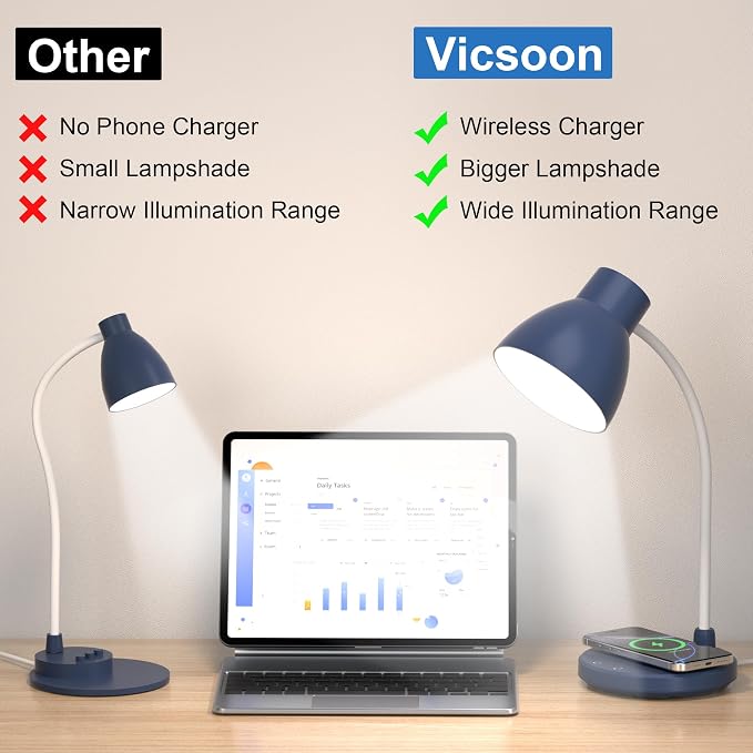 LED Desk Lamp for Home Office with Wireless Charger, Navy Blue | 3 Color Modes Dimmable Eye-Caring Study Reading Dorm Desk Lamp, 360° Flexible Arm Table Lamp for College Dorm Room, 800 Lumen - Image 7