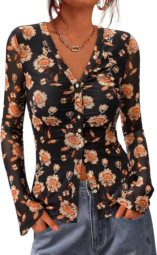 BTFBM Button Down Shirts for Women 2026 Fall Boho Tops V Neck Long Sleeve Blouses Ruched Mesh Fitted Fashion Clothing by BTFBM