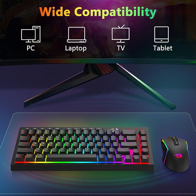 Redragon Wireless Gaming Keyboard and Mouse Combo, 60% Portable, Black | Bluetooth/2.4G/USB-C Wired, RGB Backlit, Quiet Rechargeable Macro Membrane Keyboard & 12800 DPI Mouse for Win/MAC - Image 9