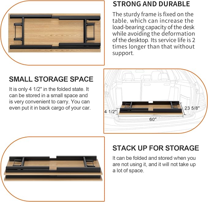 Need Home Office Desk - Large Computer Desk Sturdy Table Foldable Desk Gaming Computer Table No Assembly Required AC5BB 60 inch | Black Frame Writing Gaming Work Table/Foldable Home Office Desk/Sewing Table, No Assembly Required - Image 8