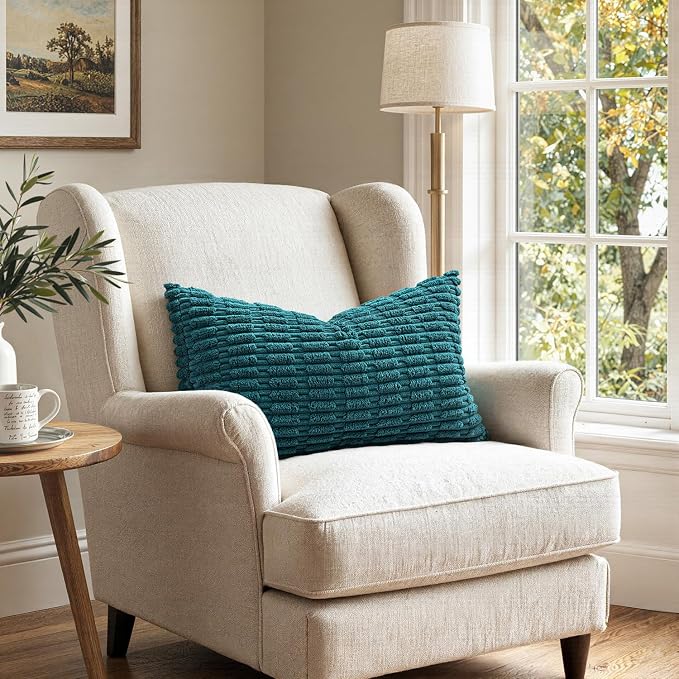 MIULEE Pack of 2 Corduroy Decorative Lumbar Throw Pillow Covers 20x12 Inch Soft Boho Striped Pillow Covers Modern Farmhouse Home Decor for Summer Coastal Sofa Living Room Couch Bed Teal - Image 2