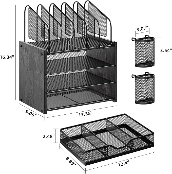 Marbrasse Desk organizer with Drawer, 4-Tier Wooden File Organizer with 5 Vertical File Holders and 2 Pen Holders, Desk Organizers and Accessories for Home Office - Black - Image 6