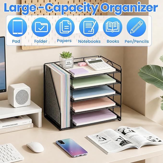 OPNICE Desk Organizers and Accessories, 5-Tier Paper Organizer Letter Tray with Magazine Holder, Office Desk Accessories & Workspace Organizers, Desktop File Organizer for Office Supplies, Black - Image 6