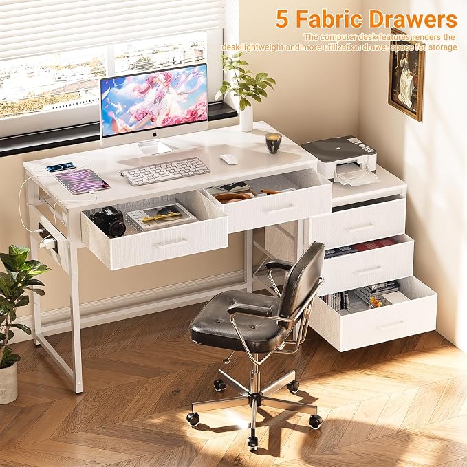Unikito Reversible Computer Desk with 5 Drawers, Sturdy Office Desk with Power Outlets and USB Ports, Study Writing Table with File Cabinet & Printer Stand, Vanity Desk with Storage, White - Image 2