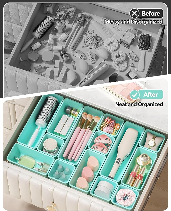 Canfanni 13 Pack Plastic Drawer Organizers Set, 3 Sizes Desk Drawer Organizer Trays for Vanity and Makeup Organizer, Organization and Storage for Makeup, Kitchen Utensils, Bathroom and Office(Blue) - Image 4