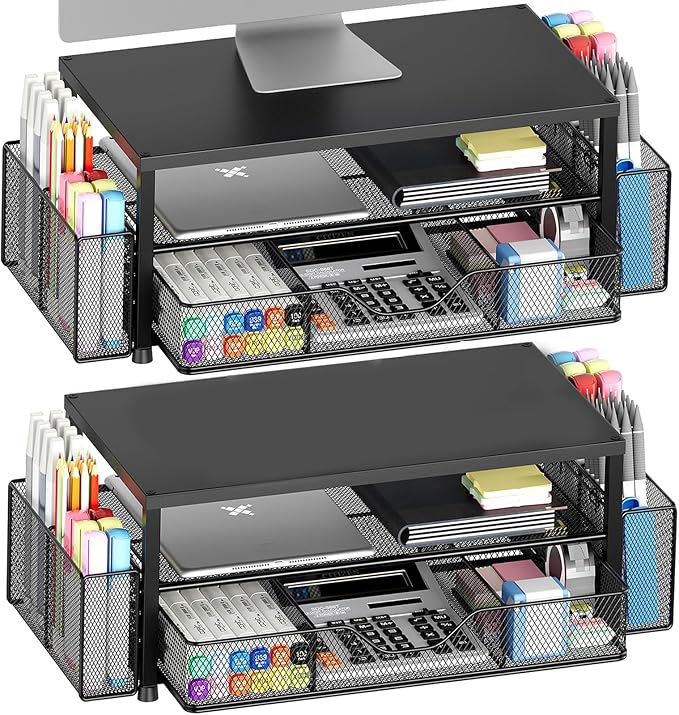 OPNICE Desk Organizer and Accessories, 2-Tier Computer Monitor Stand Riser with Drawer and 2 Pen Holders, Laptop Stand, Office Desk Accessories for Office Supplies, Black 2-Pack by OPNICE