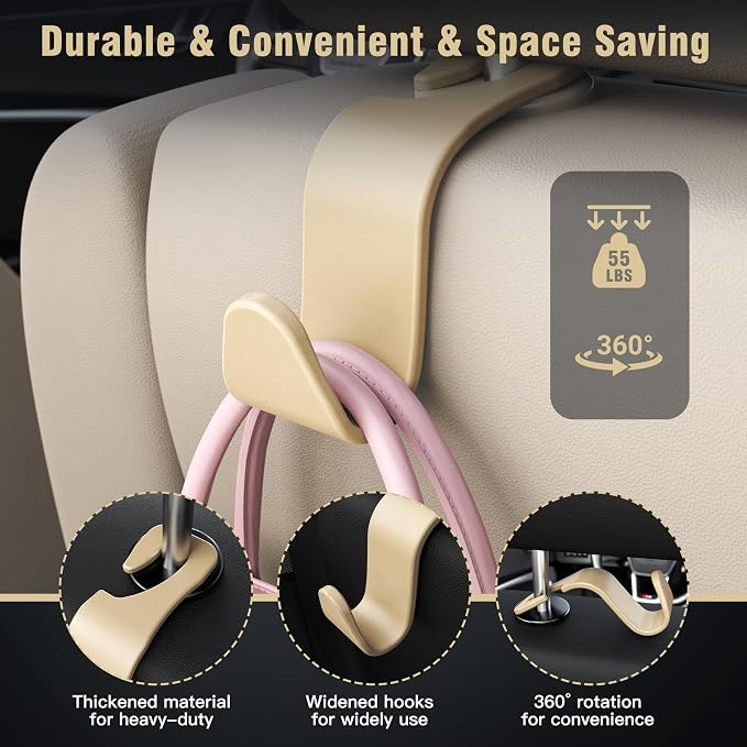 Amooca 4-Pack Car Headrest Hooks –Holds 55lbs Vehicle Storage Organizer for Purses Handbags Groceries Coats 360° Rotating Simple Design Beige - Image 5
