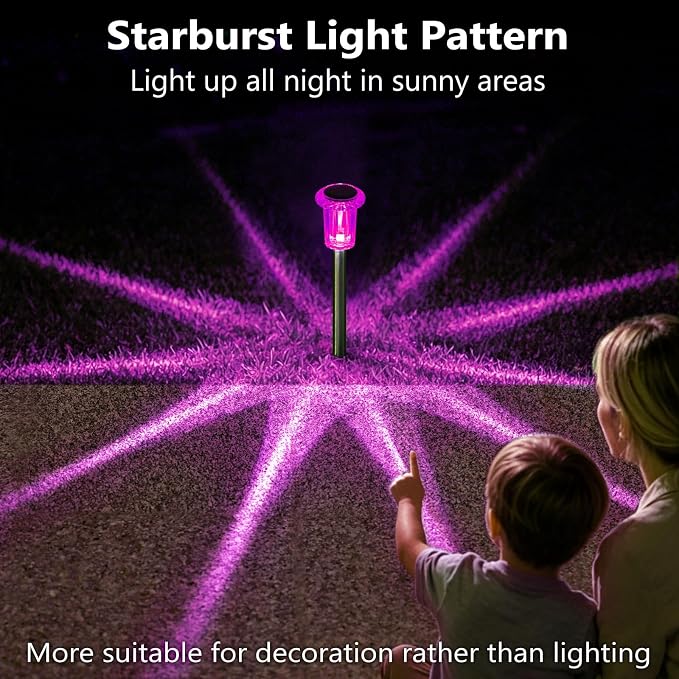 DenicMic Solar Outdoor Lights 10 Pack Pink LED Valentines/Mothers Day Decor | Garden Decor for Outside Yard Patio Flowerbed Pathway Starburst Pattern, Acrylic Diamond-like Lampshade Stainless Steel Pole - Image 7