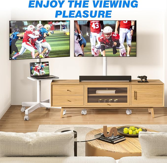 Rfiver Mobile TV Stand for 23-65 Inch LCD LED Flat/Curved Panel Screen TVs up to 88 lbs, Rolling TV Stand with Adjustable Shelf & Tilt, Portable Floor Stand on Wheels for Bedroom, Living Room, White - Image 8