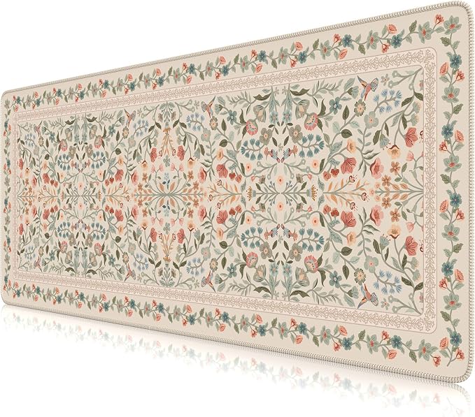 iCasso Aesthetic Desk Mat,31.5x11.8in Mouse Pads,Beige Floral | Anti-Slip Mousepad with Stitched Edges, Waterproof Computer Pad, Desk Accessories Office Decor for Women by iCasso