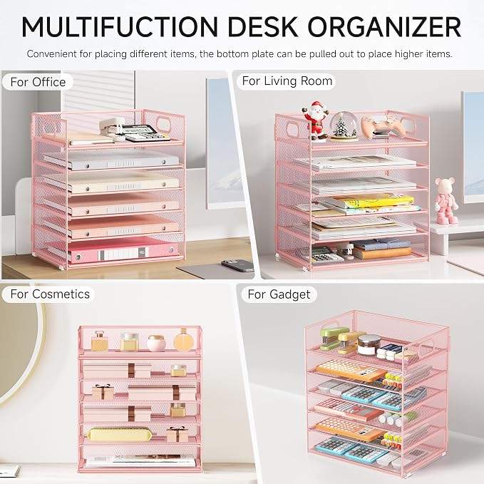 6 Tray Paper Organizer Letter Tray with Handle - Mesh Desk File Organizer, Paper Sorter Organizer for Office, Home or School File Folder Holder - Pink - Image 5