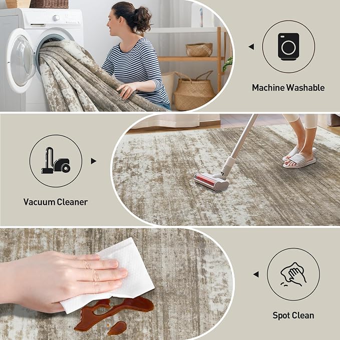 9x12 Area Rugs Washable Rug: Modern Abstract Living Room Rug Soft Anti-Skid Thin Carpet Indoor Floor Non-Shedding Carpets for Bedroom Dining Room Farmhouse Nursery Home Office Brown White - Image 5
