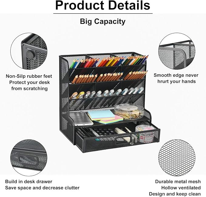 Marbrasse Mesh Pen Holder for Desk, Multi-Functional Pencil Organizer with Drawer, Desk Organizers and Accessories for Office Art Supplies (Large Black) - Image 2