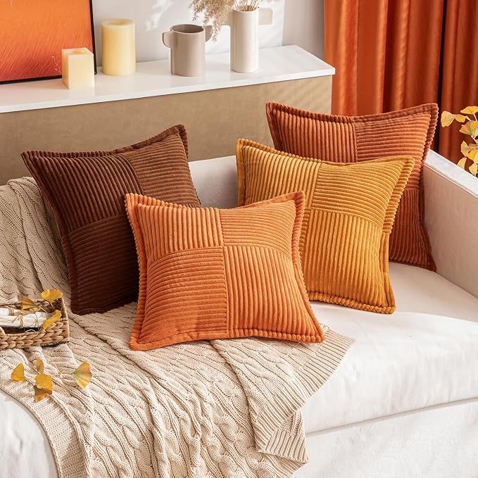 MIULEE Fall Orange Decorative Throw Pillow Covers for Couch Bed Livingroom 18x18 Inch Set of 2 Boho Accent Throw Pllows Broadside Striped Patchwork Soft Corduroy Pillowcases - Image 8