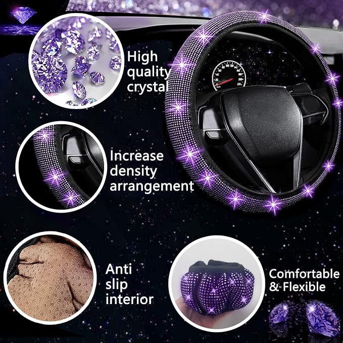 NBTEPEM 27 PCs Purple Violet Bling Car Accessories Set for Women, Steering Wheel Covers Universal Fit 15 Inch, Bling License Plate Frame, Bling Phone Holder, Bling Car Coasters - Image 3