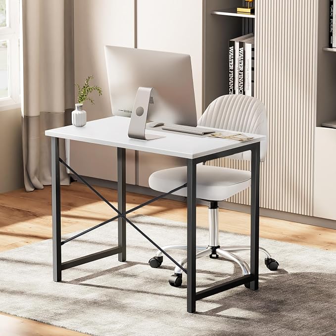 Sweetcrispy 32-Inch Small Computer Desk for Bedroom, Modern White | Gaming Writing Work and Study Desk for Home Office, Sturdy Metal Frame and Compact Modern Design with X-Shaped - Image 7
