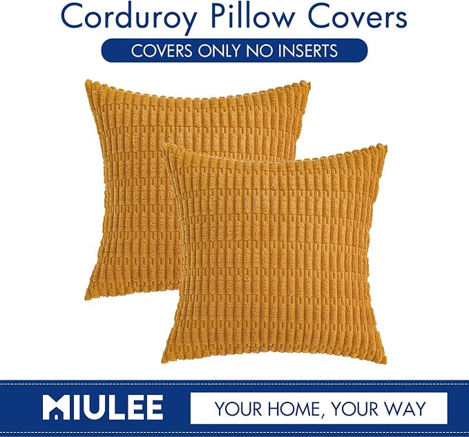 MIULEE Pack of 2 Corduroy Decorative Throw Pillow Covers 20x20 Inch Soft Boho Striped Pillow Covers Modern Farmhouse Home Decor for Summer Sofa Living Room Couch Bed Gold Yellow - Image 6
