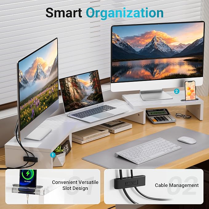 BONTEC Triple Monitor Stand Riser with Smartphone Holder, White | Adjustable Length & Swivel Angle, Ergonomic Wooden Desktop Organizer for PC Monitor, Laptop, Printer, Large Storage, 53.3 in - Image 5