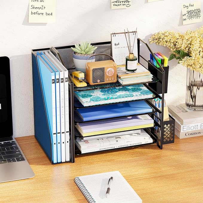 Simple Trending 5-Tier Desk File Organizer, Paper Organizer, Black | Adjustable Letter Trays, Pen Holder & File Shelf, Durable Steel Mesh, Space Saving, for Home Office, 17.5"L x 9"W x 13"H - Image 3