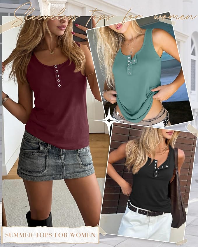 Ficerd 3 Pack Women's Henley Tank Tops Sleeveless Button Down Summer Shirts 2026 Casual Trendy Loose U Neck Tee Blouses - Image 2