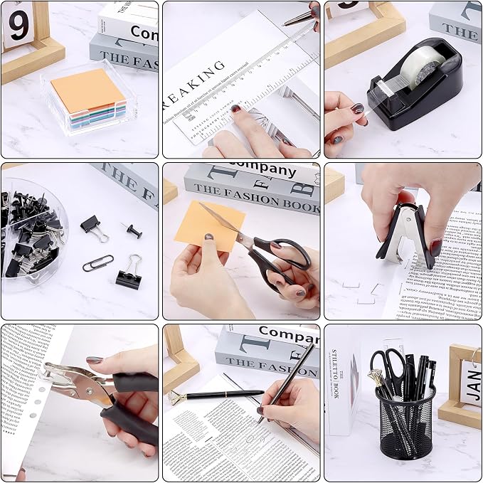 17 in 1 Black Desk Organizers and Accessories Set, 3 Office Desk Supplies Storage Organization, 4 Pens, Stapler, Staples & Remover, Tape & Dispenser, Scissors, Ruler, Clips, Hole Punch, Back to School - Image 5