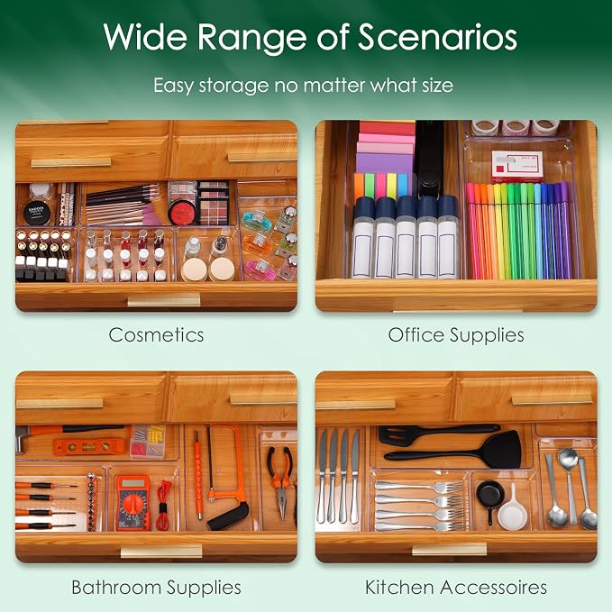 Criusia Drawer Organizer Set, Acrylic Non Slip Non Cracking Kitchen Drawer Storage Tray Large Size Divider, Multifunctional Storage for Cosmetics, Bathroom, Tools, Kitchen and Office (8 PACK) - Image 5