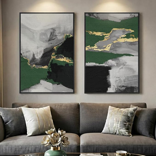 Large Framed Green Abstract Wall Art, 2 Piece Modern Canvas Prints Paintings, Black and Gray Pictures with Gold Accents for Living Room Hallway Dining Room Bedroom Office Wall Decor 24x36 In by Cuspin