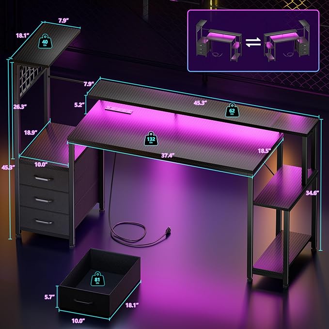 Korfile 55 Inch Gaming Desk with Bluetooth LED Lights & Power Outlets,Computer Desk with Fabric Drawers & Hooks,Reversible Gamer Table with Monitor Stand for Game Room,Home Office,Carbon Fiber Black | Reversible，Computer Desk, Gamer Table, Bluetooth LE... - Image 3