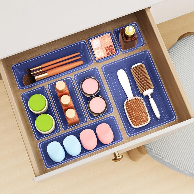 12 PCS Drawer Organizer Set, Makeup Organizer, Tool Storage Tray, Navy Blue | 4 Sizes, Plastic, Stackable, Multiple Gadgets, Desk Drawer Divider Organizers, for Makeup, Office Supplies Storage - Image 7