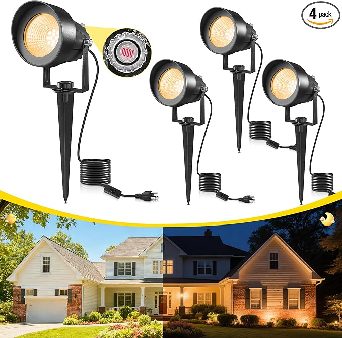 T-SUN Dusk to Dawn Outdoor Lighting, Flag Spot Lights with Photocell Auto On/Off, Waterproof 3000K Warm White LED Plug-in Landscape Spotlights for Garden Yard Tree Pathway Pole House by T-SUN